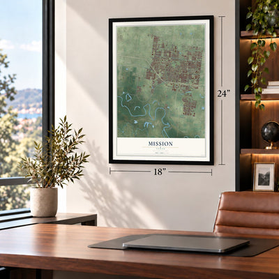 Mission, Texas map, 18 x 24 inch print in a black frame in a home office