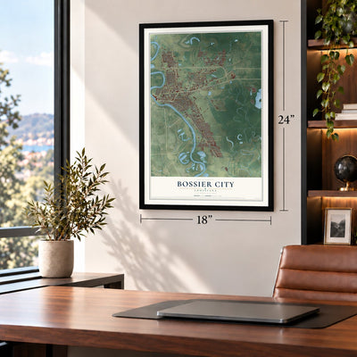 Bossier City, Louisiana map, 18 x 24 inch print in a black frame in a home office