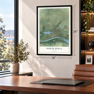 North Utica, Illinois map, 18 x 24 inch print in a black frame in a home office
