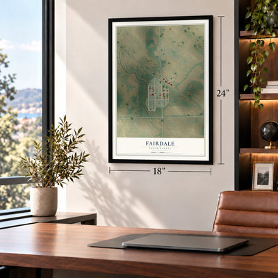 Fairdale, North Dakota map, 18 x 24 inch print in a black frame in a home office
