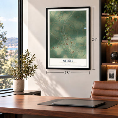 Neeses, South Carolina map, 18 x 24 inch print in a black frame in a home office
