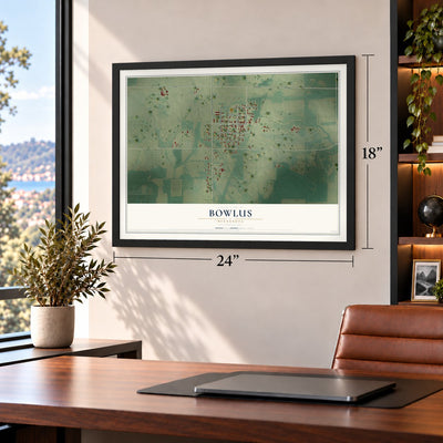 Bowlus, Minnesota map, 18 x 24 inch print in a black frame in a home office
