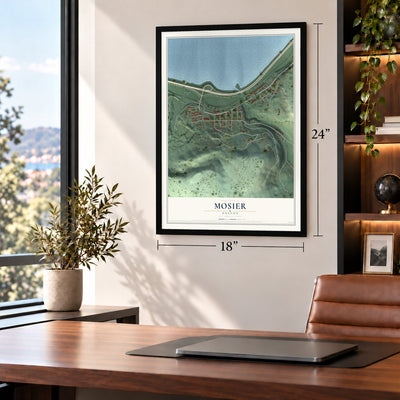 Mosier, Oregon map, 18 x 24 inch print in a black frame in a home office