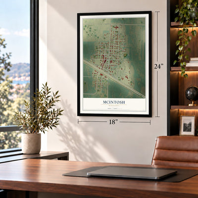 McIntosh, Minnesota map, 18 x 24 inch print in a black frame in a home office