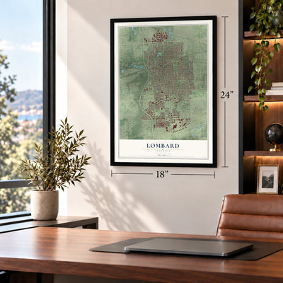 Lombard, Illinois map, 18 x 24 inch print in a black frame in a home office