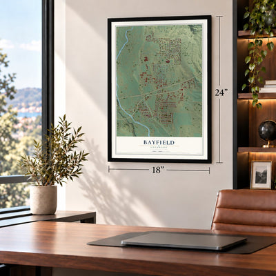 Bayfield, Colorado map, 18 x 24 inch print in a black frame in a home office
