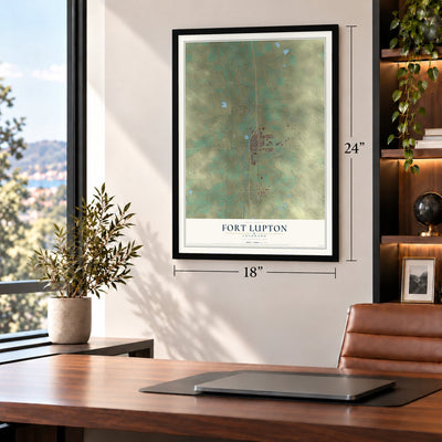 Fort Lupton, Colorado map, 18 x 24 inch print in a black frame in a home office