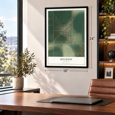 Hillrose, Colorado map, 18 x 24 inch print in a black frame in a home office