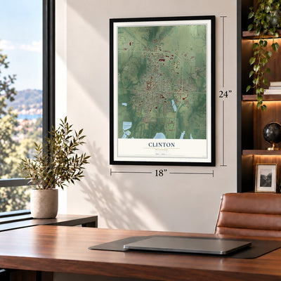 Clinton, Missouri map, 18 x 24 inch print in a black frame in a home office