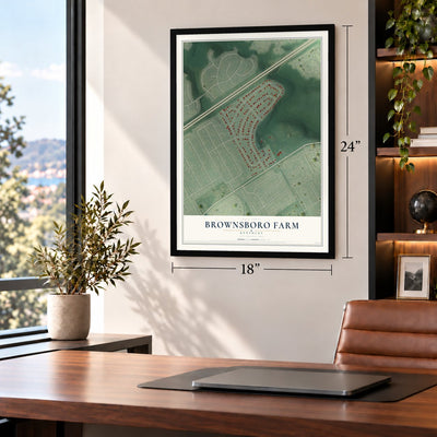 Brownsboro Farm, Kentucky map, 18 x 24 inch print in a black frame in a home office