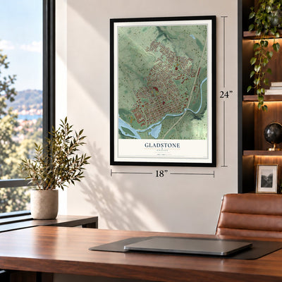 Gladstone, Oregon map, 18 x 24 inch print in a black frame in a home office