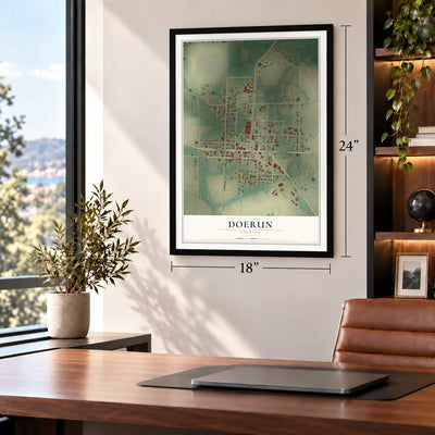 Doerun, Georgia map, 18 x 24 inch print in a black frame in a home office