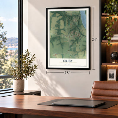 Sibley, Missouri map, 18 x 24 inch print in a black frame in a home office