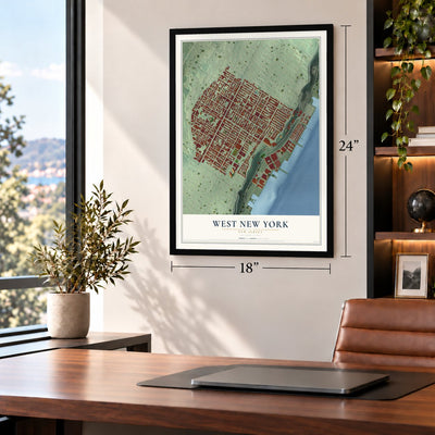 West New York, New Jersey map, 18 x 24 inch print in a black frame in a home office