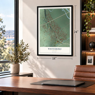Whitesboro, New York map, 18 x 24 inch print in a black frame in a home office