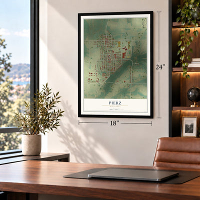 Pierz, Minnesota map, 18 x 24 inch print in a black frame in a home office