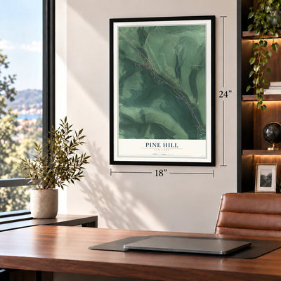 Pine Hill, New York map, 18 x 24 inch print in a black frame in a home office