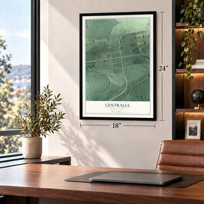 Centralia, Pennsylvania map, 18 x 24 inch print in a black frame in a home office