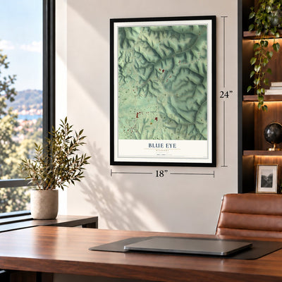 Blue Eye, Missouri map, 18 x 24 inch print in a black frame in a home office