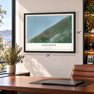Long Beach, Indiana map, 18 x 24 inch print in a black frame in a home office