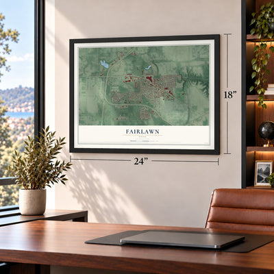Fairlawn, Ohio map, 18 x 24 inch print in a black frame in a home office