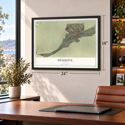 Mesquite, Nevada map, 18 x 24 inch print in a black frame in a home office