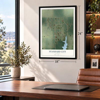 Standard City, Illinois map, 18 x 24 inch print in a black frame in a home office