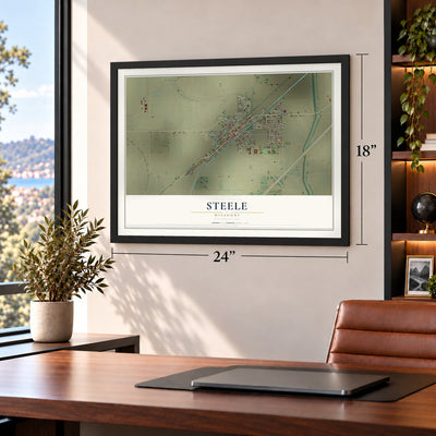 Steele, Missouri map, 18 x 24 inch print in a black frame in a home office