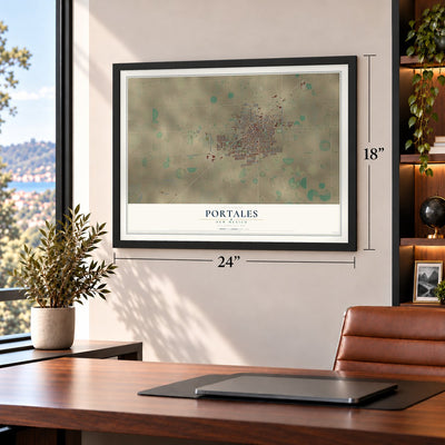 Portales, New Mexico map, 18 x 24 inch print in a black frame in a home office