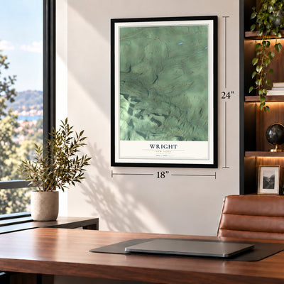 Wright, New York map, 18 x 24 inch print in a black frame in a home office