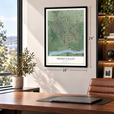 Trout Valley, Illinois map, 18 x 24 inch print in a black frame in a home office
