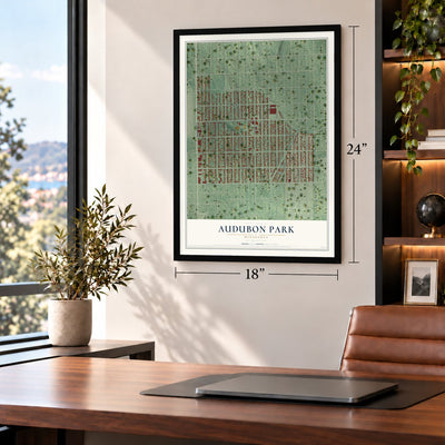 Audubon Park, Minnesota map, 18 x 24 inch print in a black frame in a home office