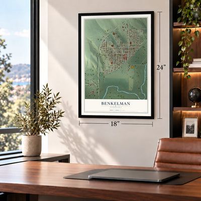 Benkelman, Nebraska map, 18 x 24 inch print in a black frame in a home office