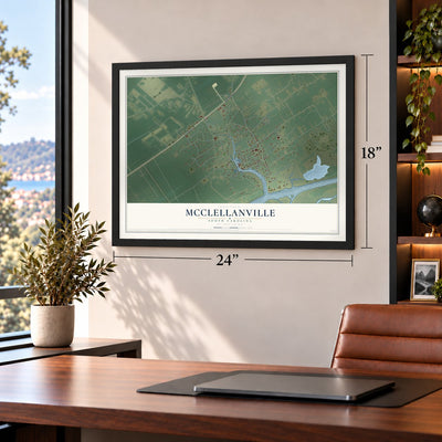 McClellanville, South Carolina map, 18 x 24 inch print in a black frame in a home office