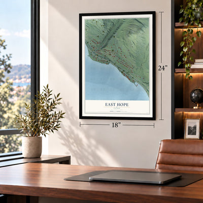 East Hope, Idaho map, 18 x 24 inch print in a black frame in a home office