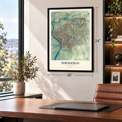 Springfield, Massachusetts map, 18 x 24 inch print in a black frame in a home office