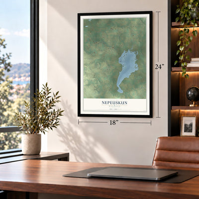 Nepeuskun, Wisconsin map, 18 x 24 inch print in a black frame in a home office