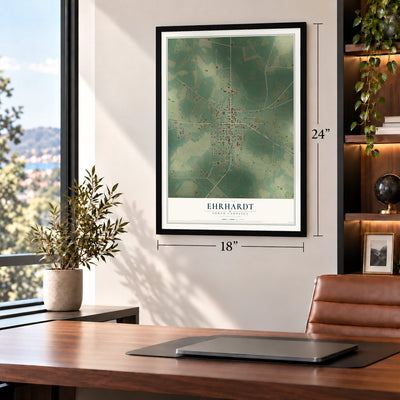 Ehrhardt, South Carolina map, 18 x 24 inch print in a black frame in a home office