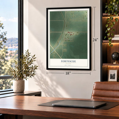 Fortescue, Missouri map, 18 x 24 inch print in a black frame in a home office