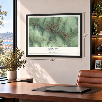 Export, Pennsylvania map, 18 x 24 inch print in a black frame in a home office