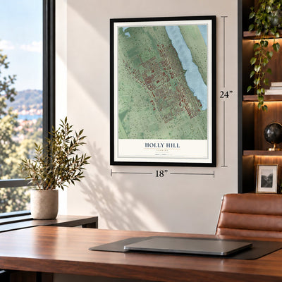 Holly Hill, Florida map, 18 x 24 inch print in a black frame in a home office