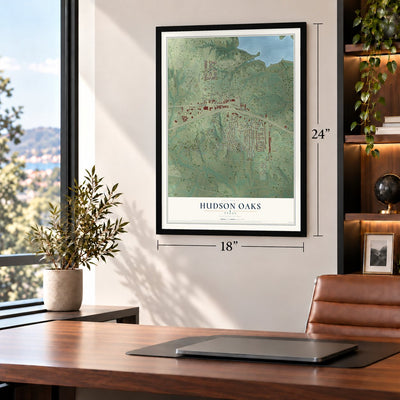 Hudson Oaks, Texas map, 18 x 24 inch print in a black frame in a home office