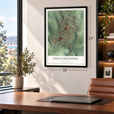 South Greensburg, Pennsylvania map, 18 x 24 inch print in a black frame in a home office