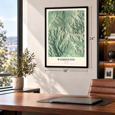 Washington, Vermont map, 18 x 24 inch print in a black frame in a home office