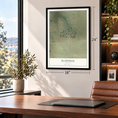 Flaxville, Montana map, 18 x 24 inch print in a black frame in a home office