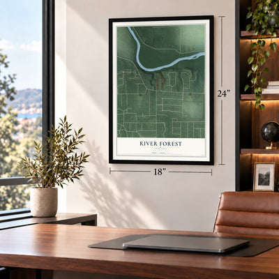 River Forest, Indiana map, 18 x 24 inch print in a black frame in a home office