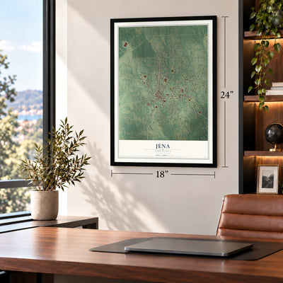 Jena, Louisiana map, 18 x 24 inch print in a black frame in a home office