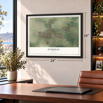 Everman, Texas map, 18 x 24 inch print in a black frame in a home office