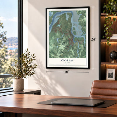 Coos Bay, Oregon map, 18 x 24 inch print in a black frame in a home office