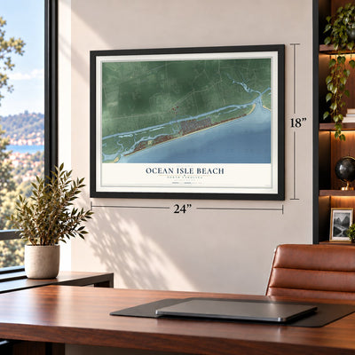 Ocean Isle Beach, North Carolina map, 18 x 24 inch print in a black frame in a home office